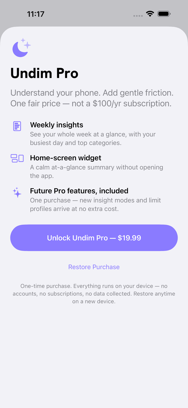 The Undim Pro screen, listing weekly insights, a home-screen widget, and future Pro features for a one-time $19.99 unlock