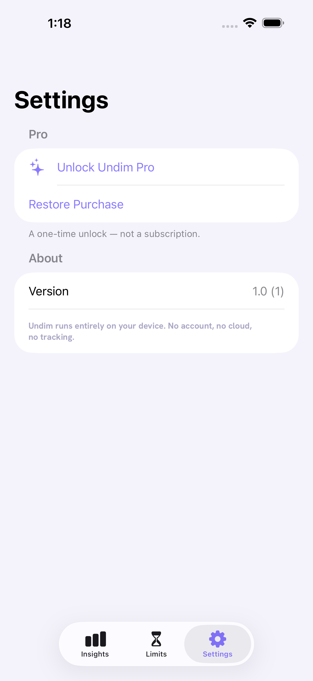 Undim settings for Screen Time access and preferences