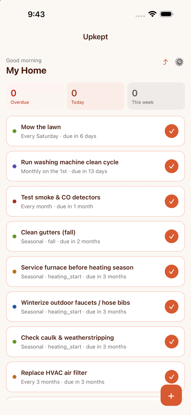 Upkept's home dashboard, showing overdue, today, and this-week counts above a list of upcoming maintenance tasks