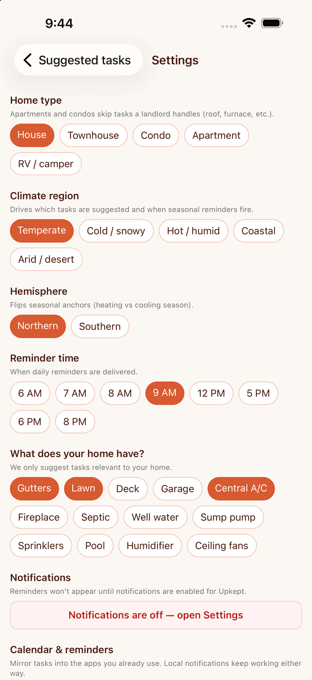 Settings, where home type, climate, and features are configured