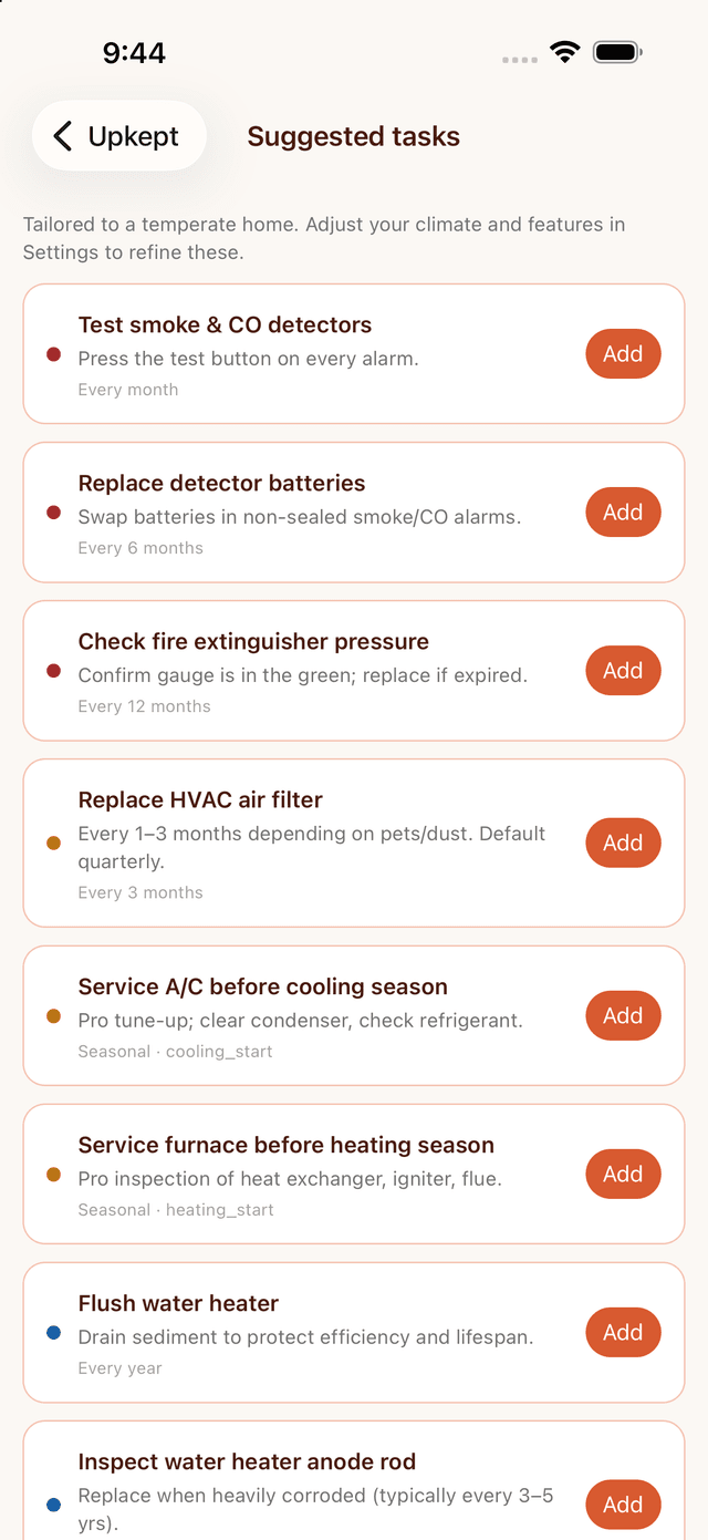Suggested tasks tailored to a temperate home, each with an Add button