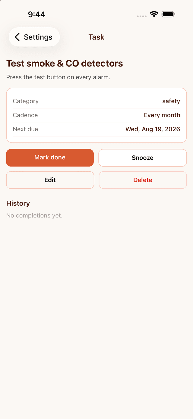 A single maintenance task's detail view